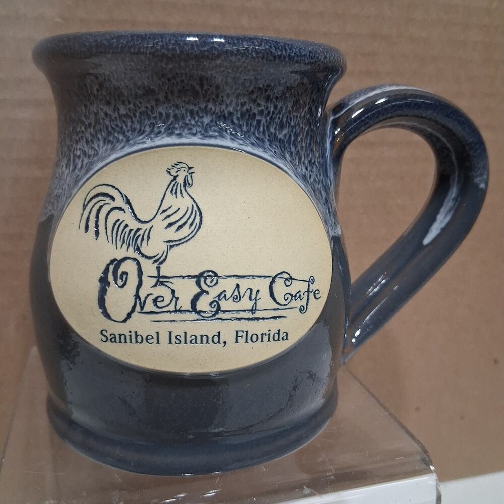 Deneen Pottery Over Easy Cafe Coffee Mug Blue Yellow 2024 Sanibel Island Florida